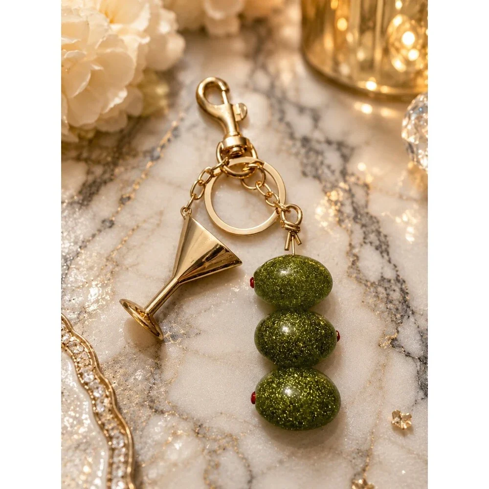 Dirty Martini Olive Bag Charm & Keychain – Gold Cocktail Glass Purse Charm